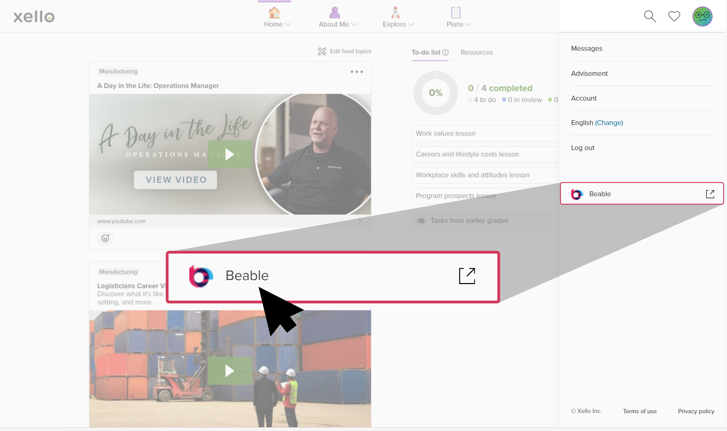 A Xello 6-12 student account is open. The cursor is has opened the avatar menu and under Partner Links is clicking Beable.